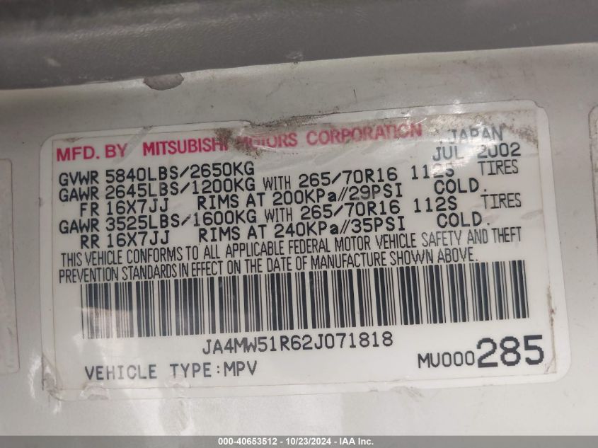 2002 Mitsubishi Montero Limited VIN: JA4MW51R62J071818 Lot: 40653512