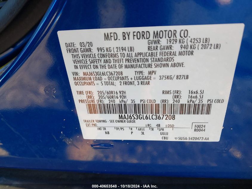 2020 Ford Ecosport Se VIN: MAJ6S3GL6LC367208 Lot: 40653548