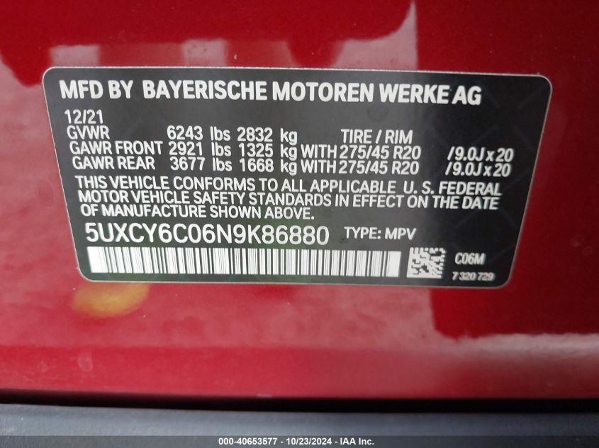 VIN 5UXCY6C06N9K86880 2022 BMW X6, Xdrive40I no.9