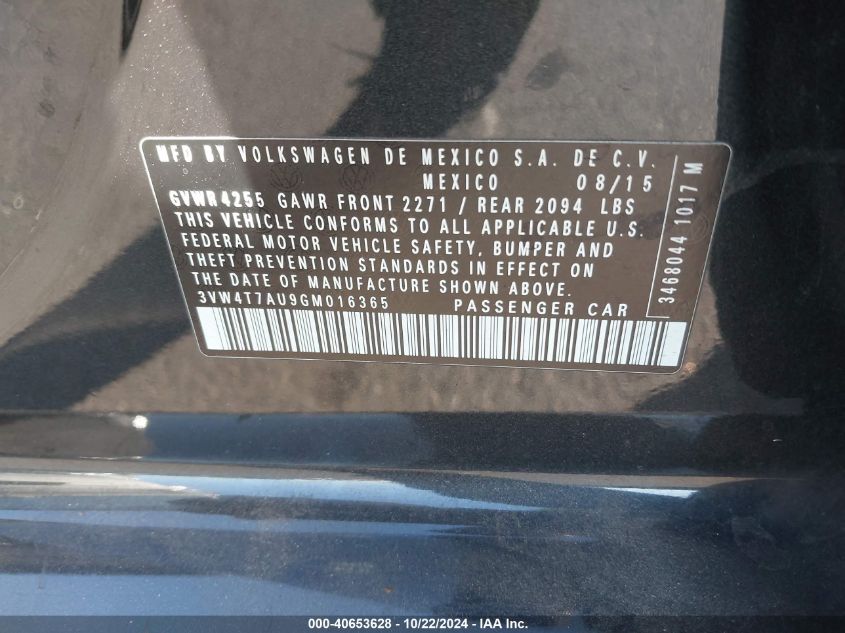 2016 Volkswagen Golf Gti Se 4-Door VIN: 3VW4T7AU9GM016365 Lot: 40653628