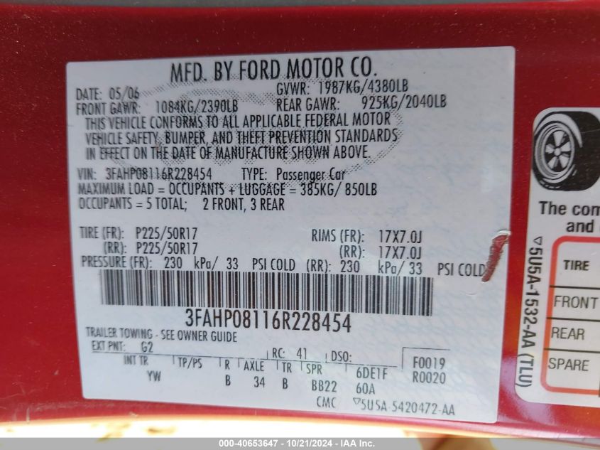 2006 Ford Fusion Sel VIN: 3FAHP08116R228454 Lot: 40653647
