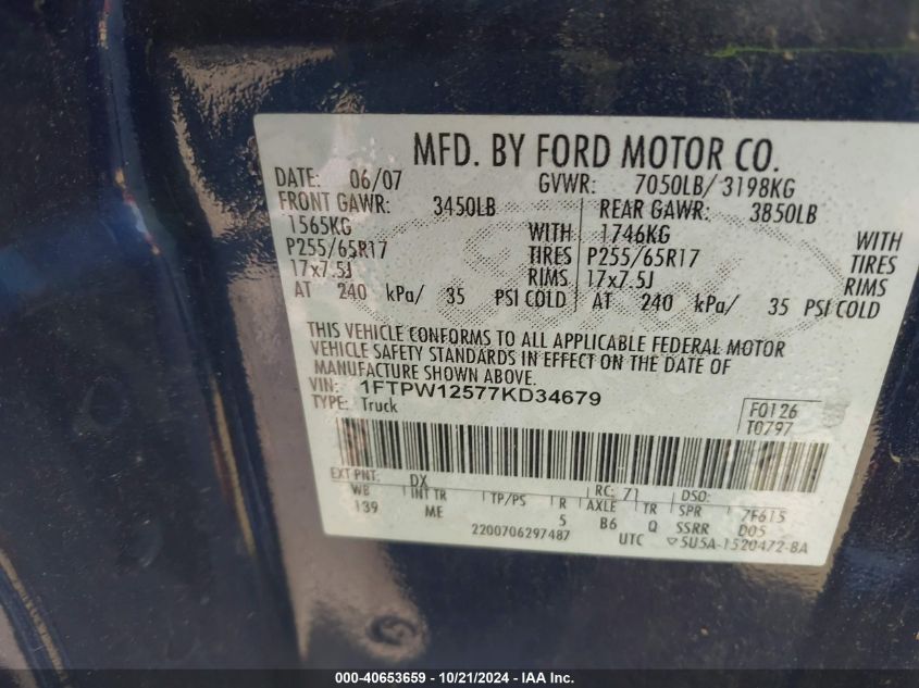 2007 Ford F-150 Lariat/Xlt VIN: 1FTPW12577KD34679 Lot: 40653659