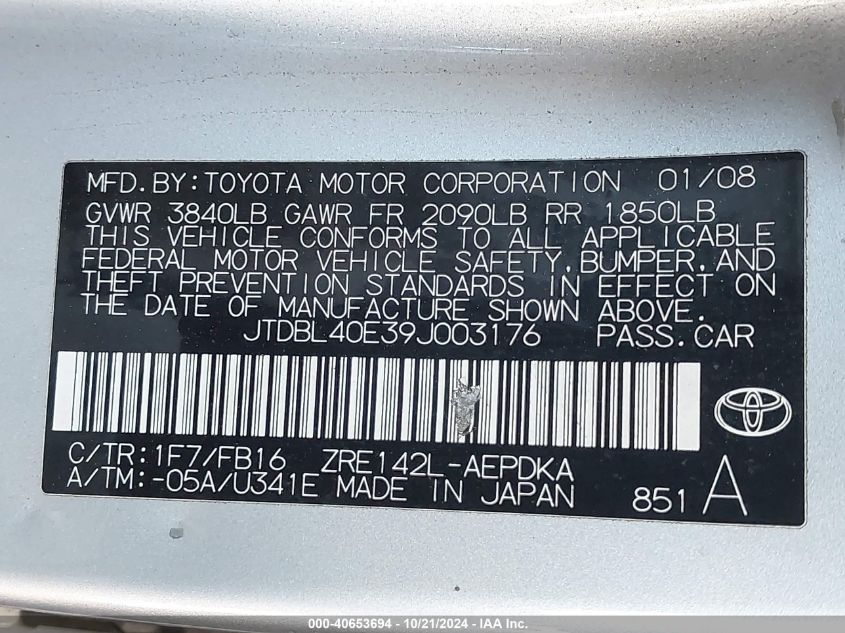 2009 Toyota Corolla VIN: JTDBL40E39J003176 Lot: 40653694