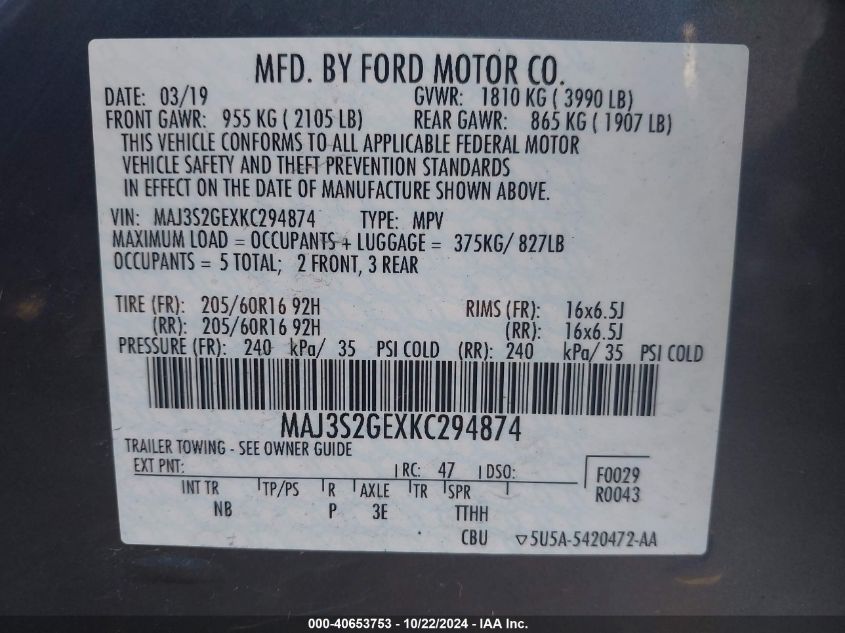 2019 Ford Ecosport Se VIN: MAJ3S2GEXKC294874 Lot: 40653753