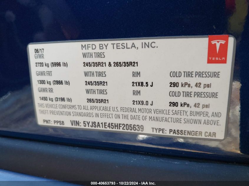 2017 Tesla Model S 100D/60D/75D/90D/P100D VIN: 5YJSA1E45HF205639 Lot: 40653793