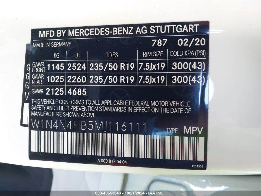 2021 Mercedes-Benz Glb 250 4Matic VIN: W1N4M4HB8MW116111 Lot: 40653843