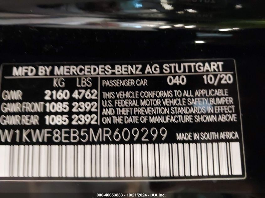 2021 Mercedes-Benz C 300 4Matic VIN: W1KWF8EB5MR609299 Lot: 40653883