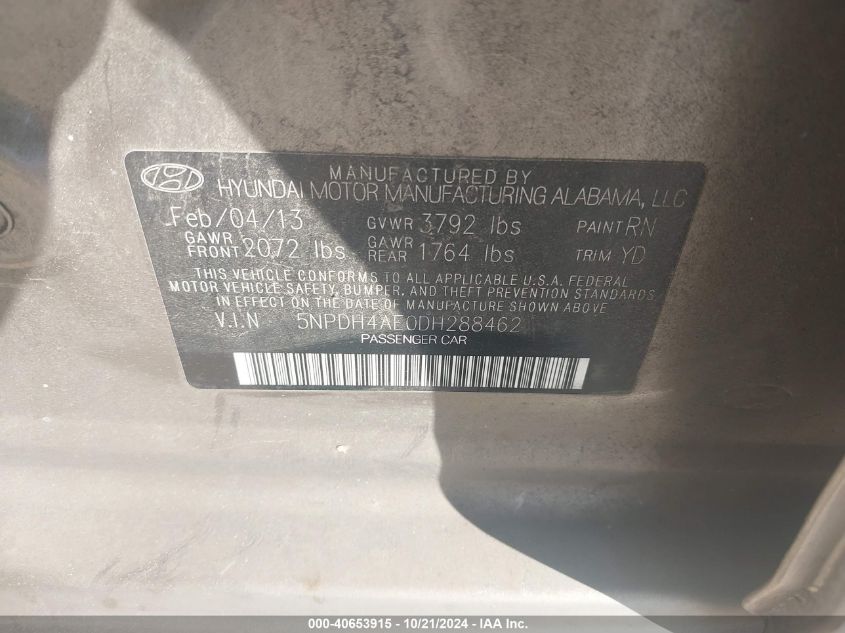 2013 Hyundai Elantra Gls VIN: 5NPDH4AE0DH288462 Lot: 40653915