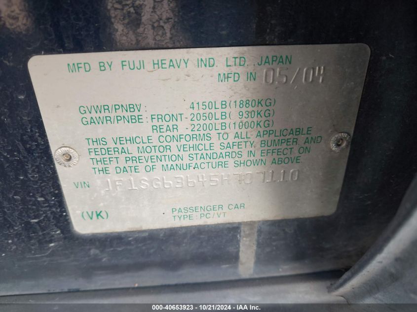 2005 Subaru Forester 2.5X VIN: JF1SG63645H707110 Lot: 40653923