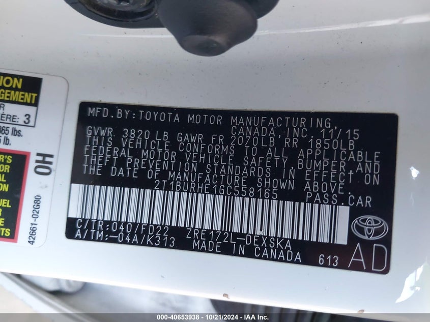 2016 Toyota Corolla S W/Special Edition Pkg VIN: 2T1BURHE1GC558165 Lot: 40653938