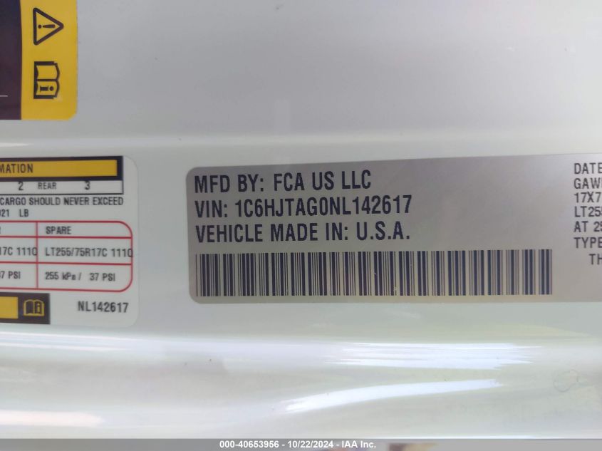 2022 Jeep Gladiator Willys 4X4 VIN: 1C6HJTAG0NL142617 Lot: 40653956