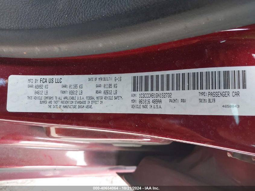 2016 Chrysler 200 Limited Platinum VIN: 1C3CCCAB1GN192732 Lot: 40654064