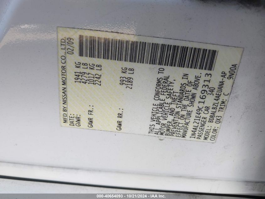 2009 Nissan Altima 2.5 S VIN: 1N4AL21E49C169313 Lot: 40654093
