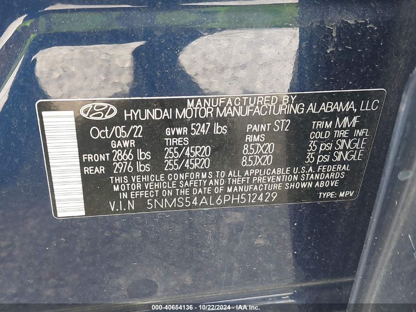 2023 Hyundai Santa Fe Calligraphy VIN: 5NMS54AL6PH512429 Lot: 40654136