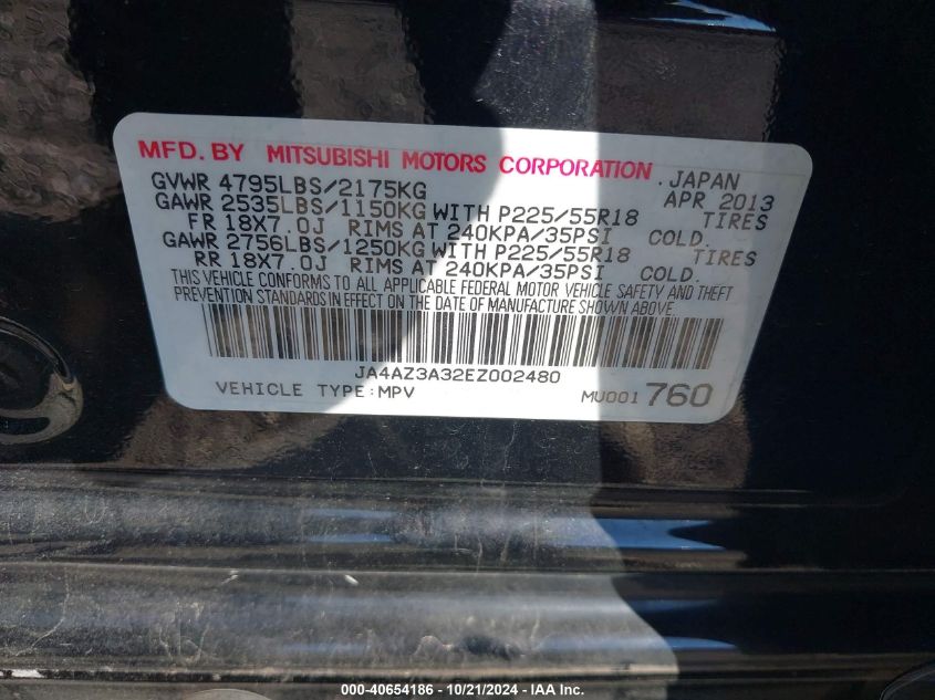 2014 Mitsubishi Outlander Se VIN: JA4AZ3A32EZ002480 Lot: 40654186