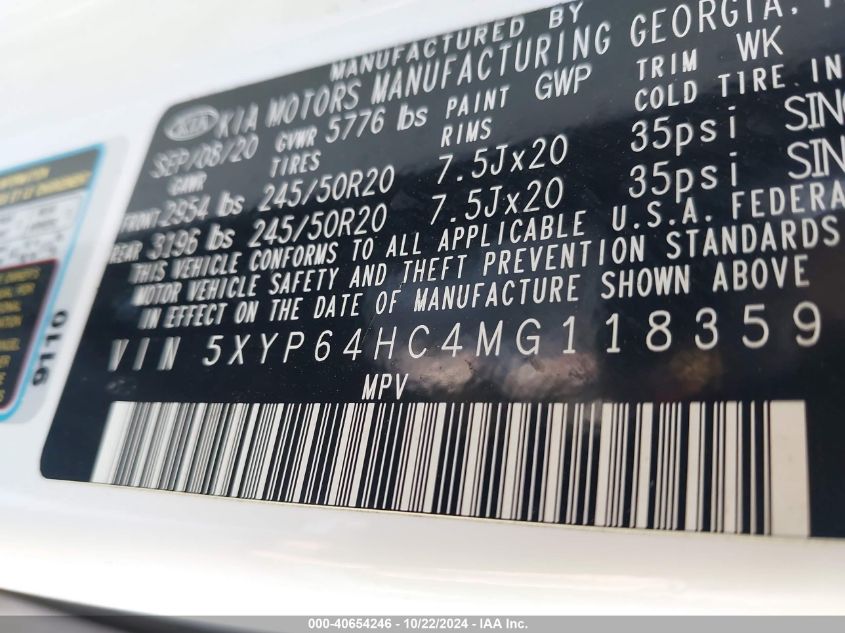 VIN 5XYP64HC4MG118359 2021 KIA TELLURIDE S