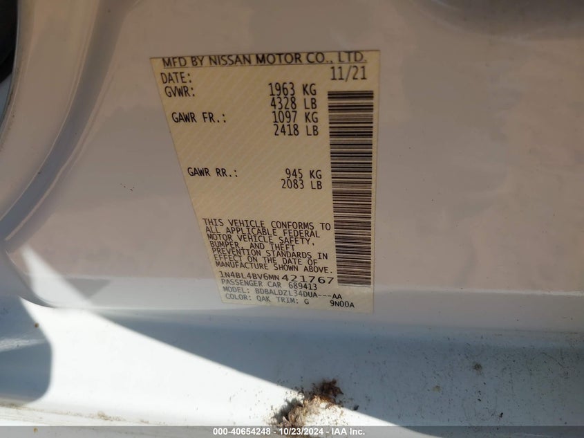 2021 Nissan Altima S Fwd VIN: 1N4BL4BV6MN421767 Lot: 40654248