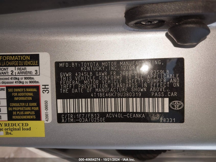 2009 TOYOTA CAMRY VIN: 4T1BE46K79U380319