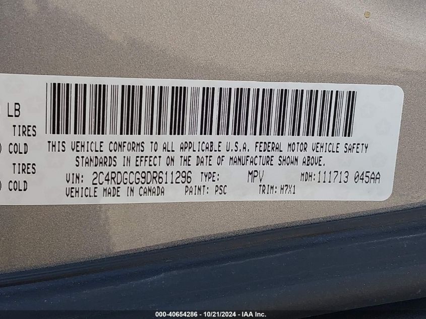 2013 Dodge Grand Caravan Sxt VIN: 2C4RDGCG9DR611296 Lot: 40654286