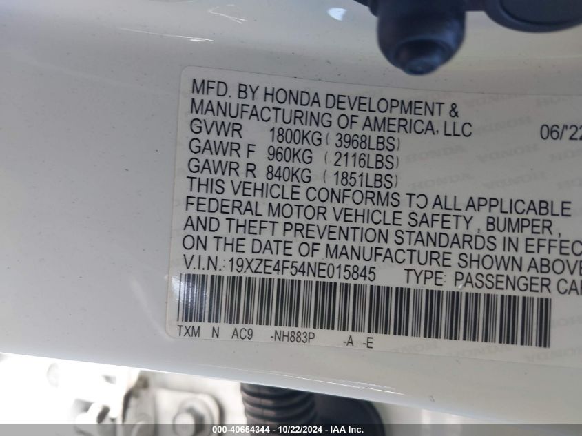 2022 Honda Insight Ex VIN: 19XZE4F54NE015845 Lot: 40654344