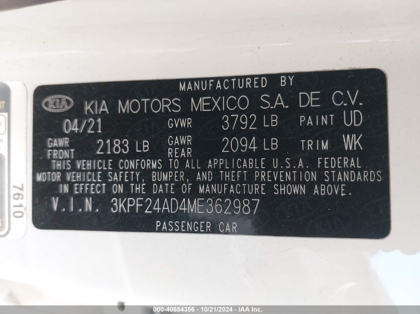 2021 Kia Forte Lxs VIN: 3KPF24AD4ME362987 Lot: 40654356