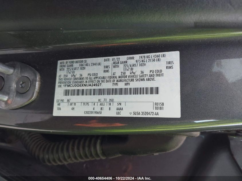 2022 Ford Escape Se VIN: 1FMCU0G6XNUA24927 Lot: 40654406