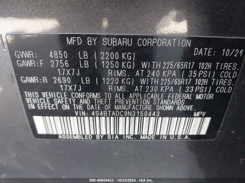 2022 Subaru Outback Premium VIN: 4S4BTADC9N3150443 Lot: 40654433