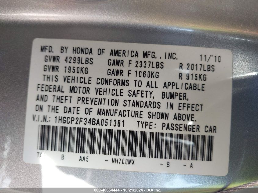 2011 Honda Accord Lx VIN: 1HGCP2F34BA051361 Lot: 40654444