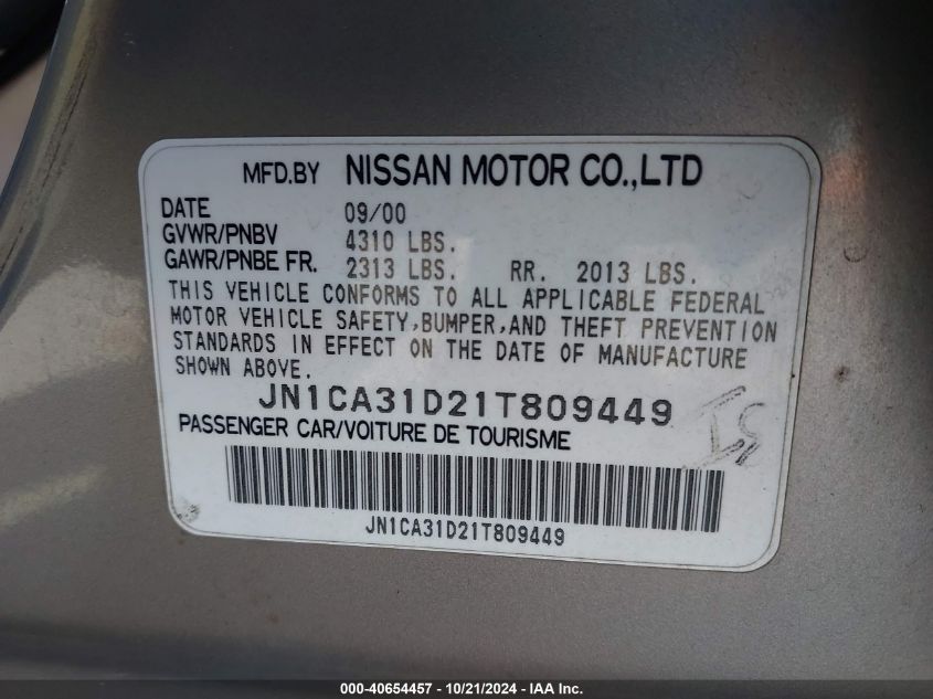 2001 Nissan Maxima Gle VIN: JN1CA31D21T809449 Lot: 40654457