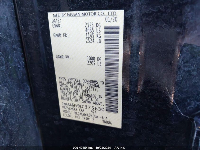 2020 Nissan Maxima Platinum Xtronic Cvt VIN: 1N4AA6FV9LC375630 Lot: 40654496