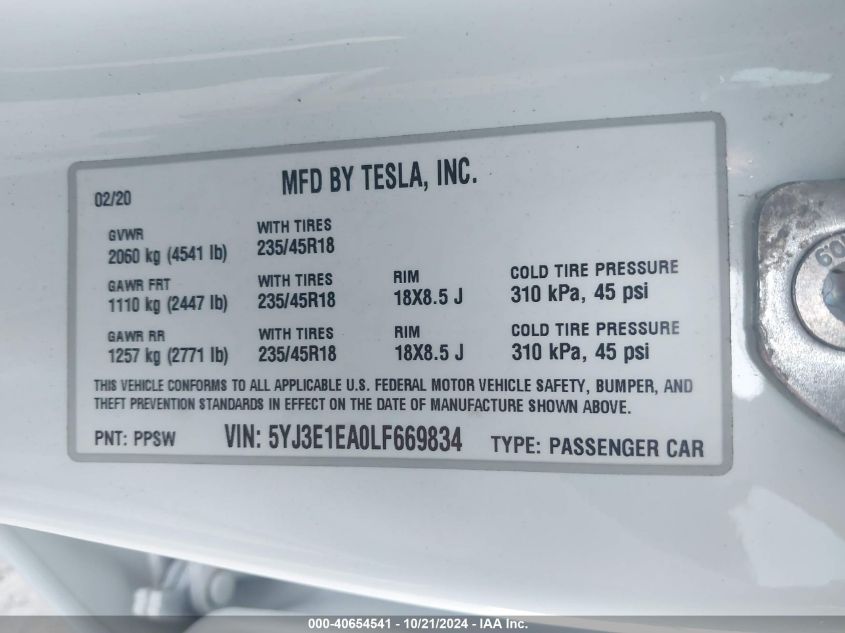 2020 TESLA MODEL 3 STANDARD RANGE PLUS REAR-WHEEL DRIVE/STANDARD RANGE REAR-WHEEL DRIVE - 5YJ3E1EA0LF669834