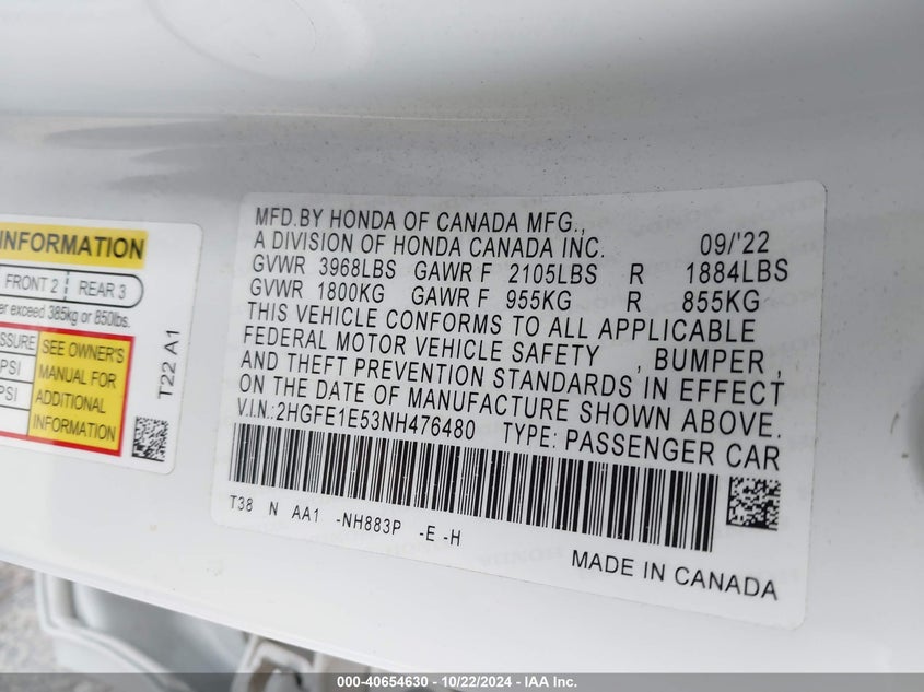 2022 HONDA CIVIC SI SEDAN - 2HGFE1E53NH476480