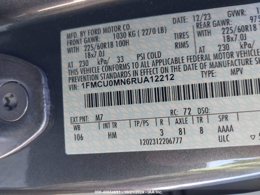 2024 Ford Escape St-Line VIN: 1FMCU0MN6RUA12212 Lot: 40654691