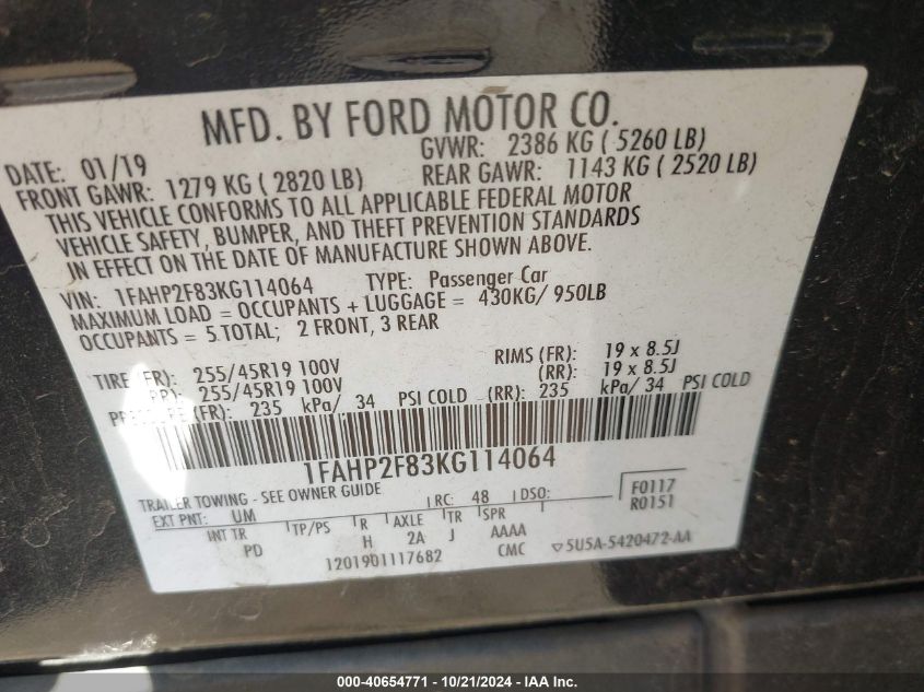VIN 1FAHP2F83KG114064 2019 FORD TAURUS LIMITED