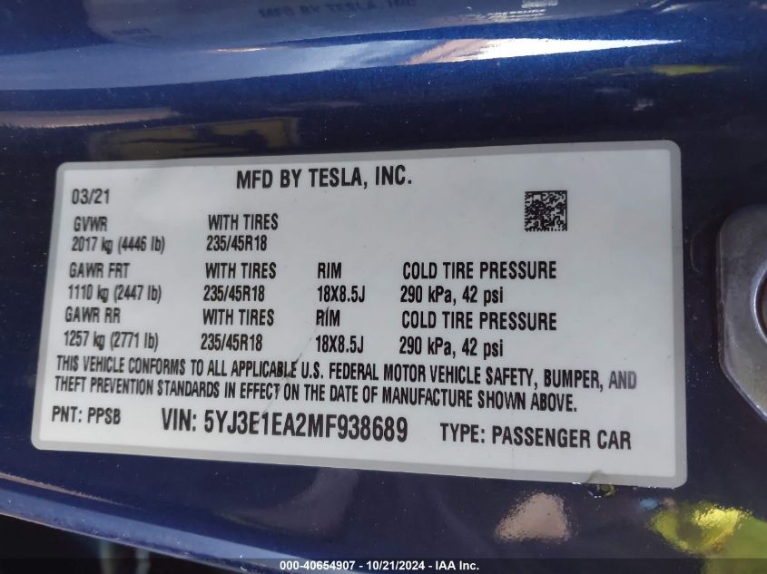 2021 Tesla Model 3 Standard Range Plus Rear-Wheel Drive VIN: 5YJ3E1EA2MF938689 Lot: 40654907