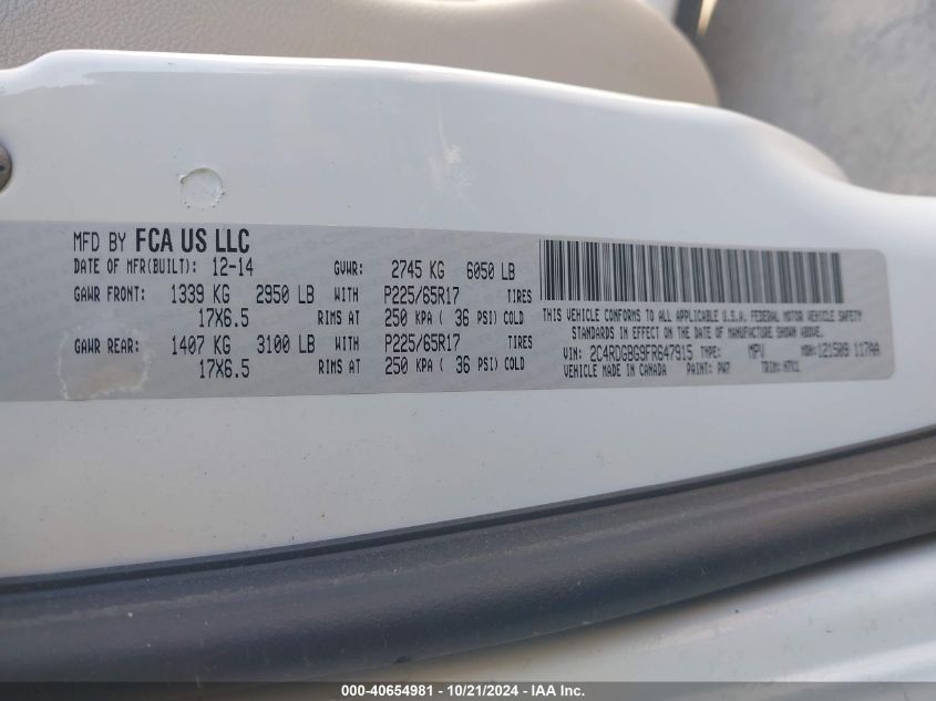 2015 Dodge Grand Caravan Se VIN: 2C4RDGBG9FR647915 Lot: 40654981