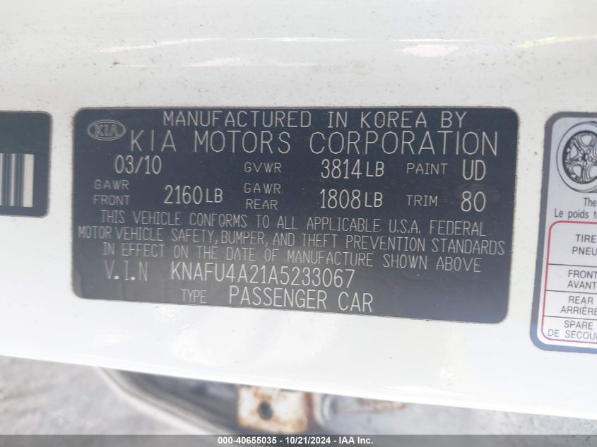 2010 Kia Forte Ex VIN: KNAFU4A21A5233067 Lot: 40655035