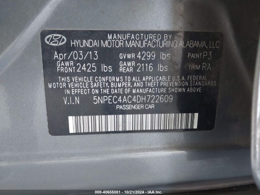 2013 Hyundai Sonata Se VIN: 5NPEC4AC4DH722609 Lot: 40655081