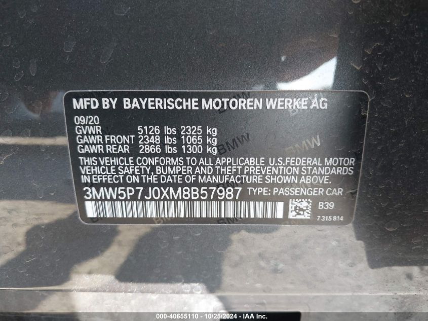 2021 BMW 3 Series 330E VIN: 3MW5P7J0XM8B57987 Lot: 40655110