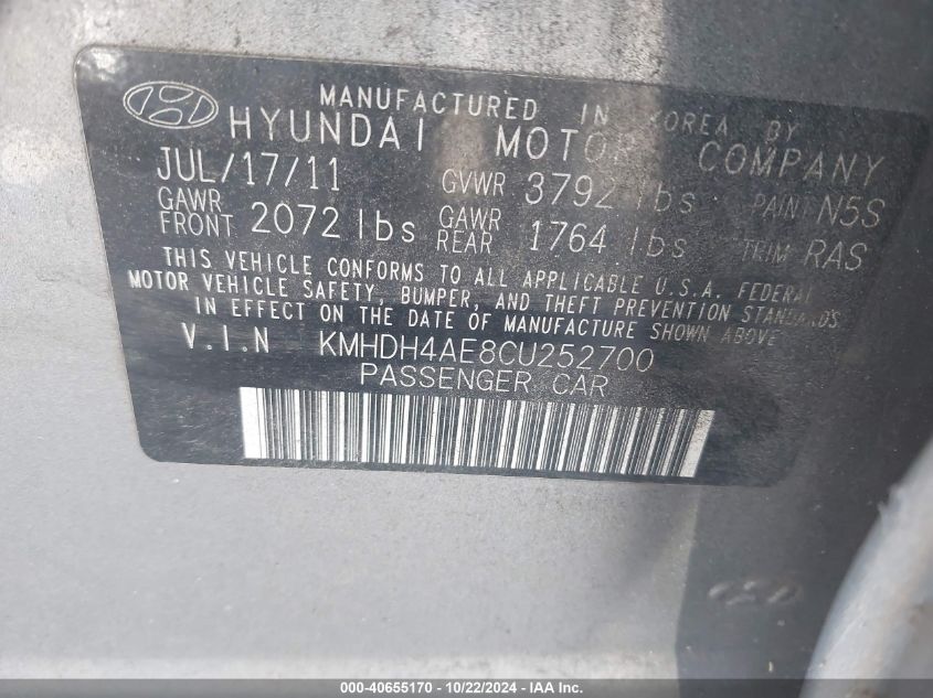 2012 Hyundai Elantra Limited (Ulsan Plant) VIN: KMHDH4AE8CU252700 Lot: 40655170