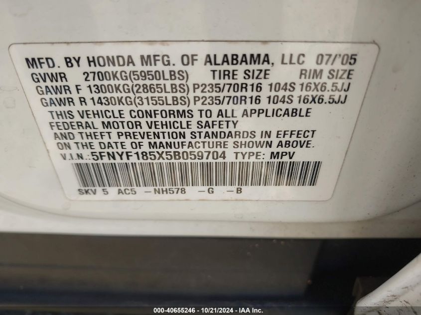 2005 Honda Pilot Ex-L VIN: 5FNYF185X5B059704 Lot: 40655246