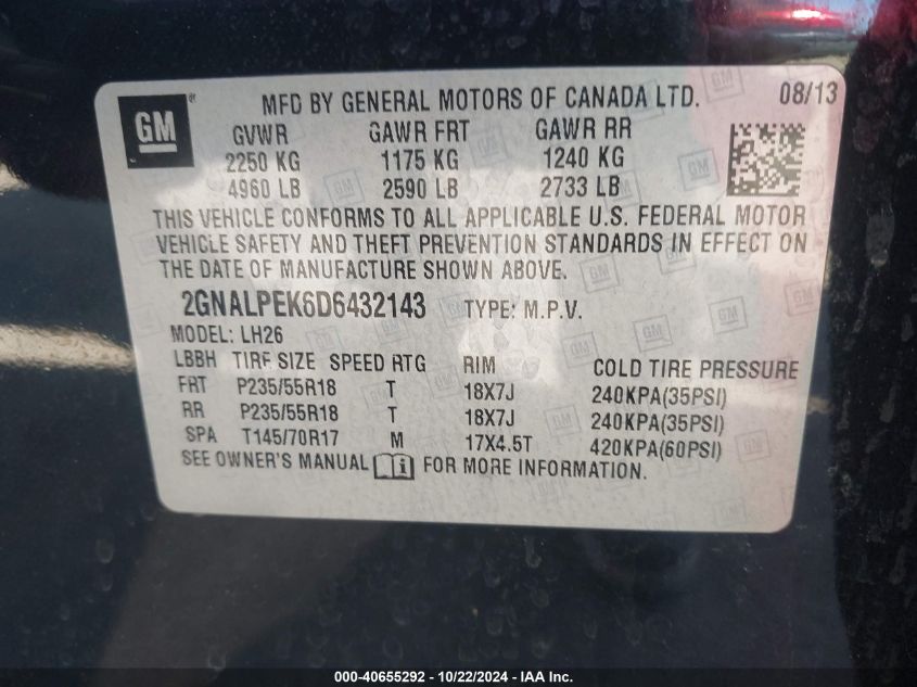 2013 Chevrolet Equinox 2Lt VIN: 2GNALPEK6D6432143 Lot: 40655292