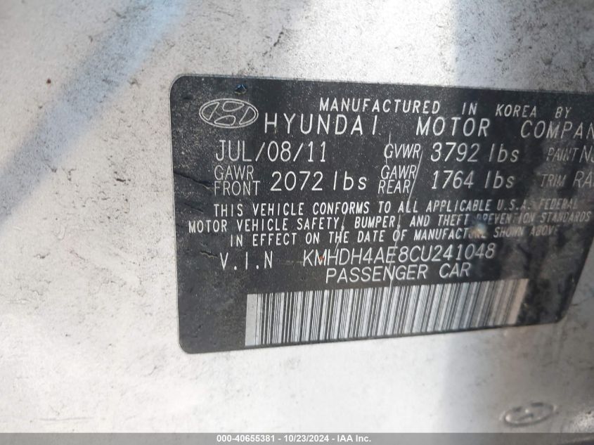 2012 Hyundai Elantra Gls (Ulsan Plant) VIN: KMHDH4AE8CU241048 Lot: 40655381