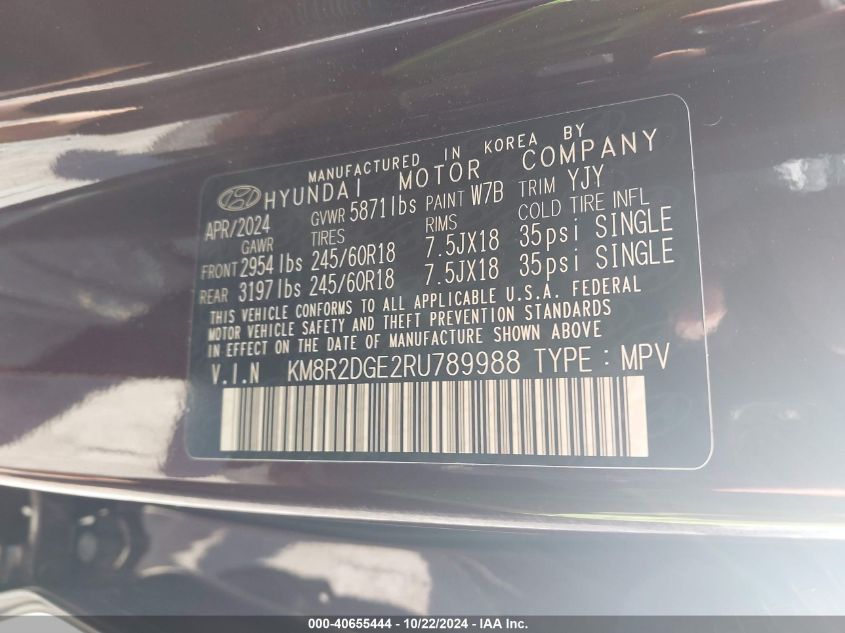 2024 Hyundai Palisade Sel VIN: KM8R2DGE2RU789988 Lot: 40655444