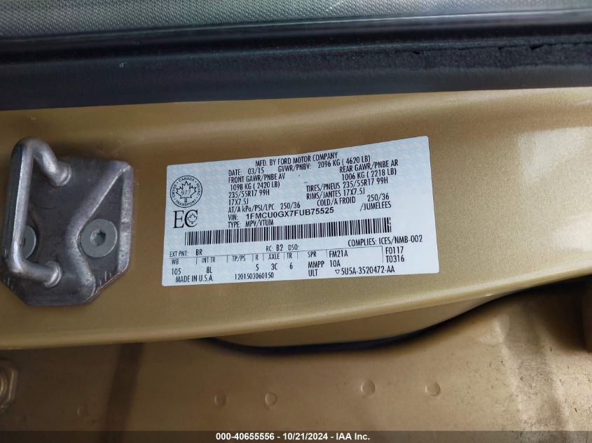 2015 Ford Escape Se VIN: 1FMCU0GX7FUB75525 Lot: 40655556