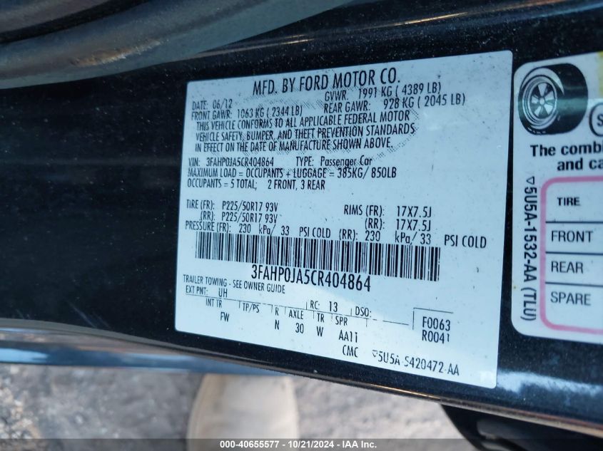 2012 Ford Fusion Sel VIN: 3FAHP0JA5CR404864 Lot: 40655577