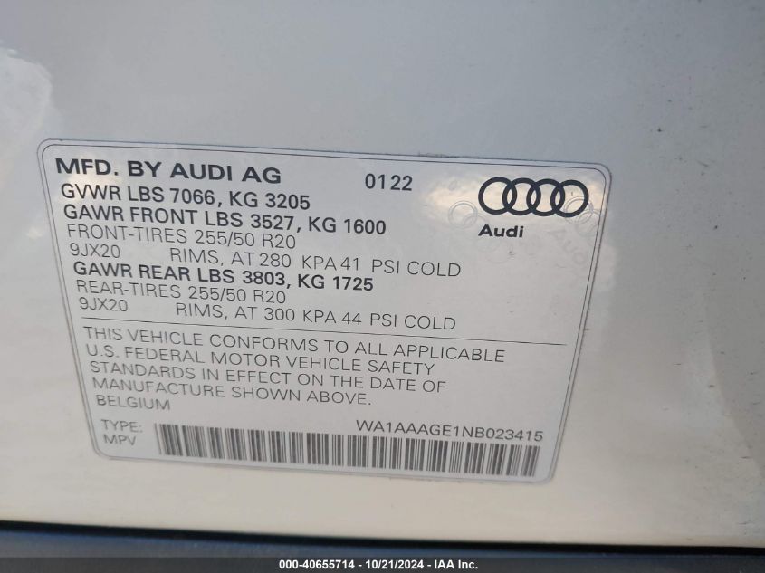 2022 Audi E-Tron Premium VIN: WA1AAAGE1NB023415 Lot: 40655714