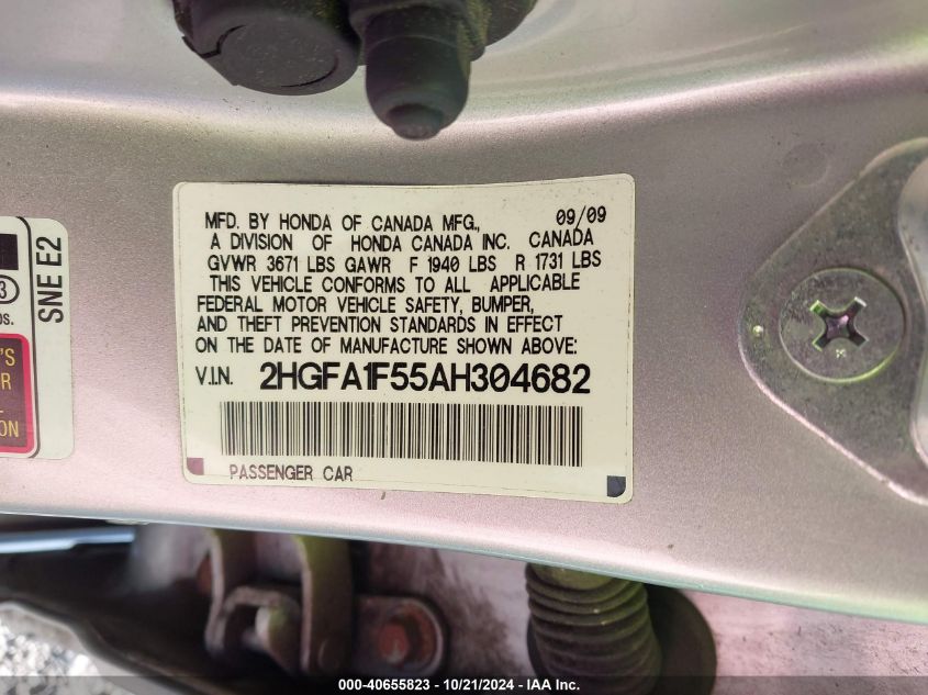 2010 Honda Civic Lx VIN: 2HGFA1F55AH304682 Lot: 40655823