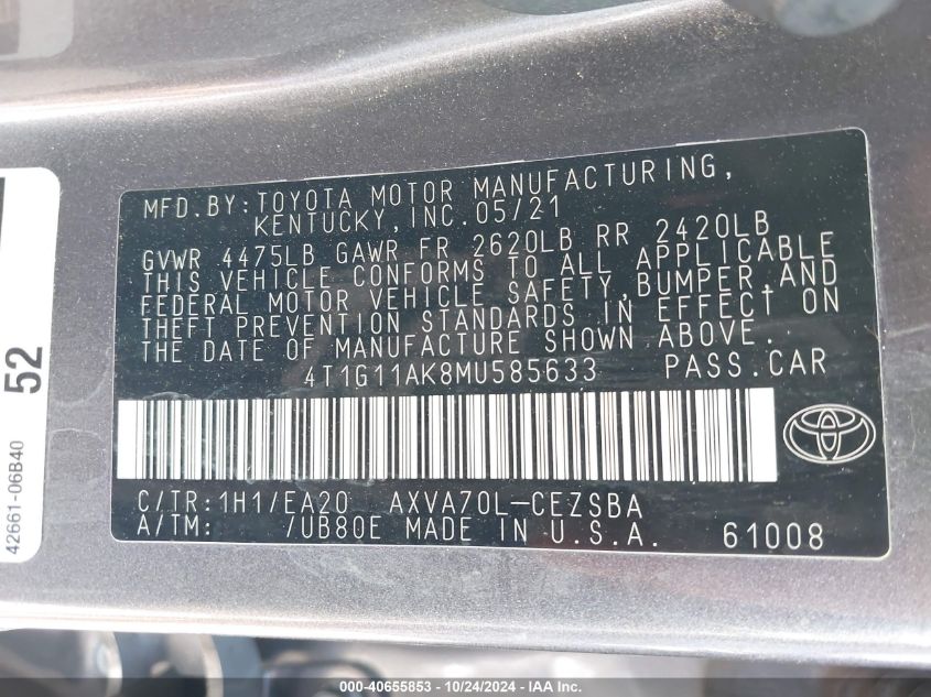 VIN 4T1G11AK8MU585633 2021 Toyota Camry, SE no.9