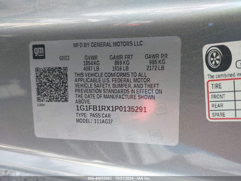 2023 Chevrolet Camaro Rwd 1Ls VIN: 1G1FB1RX1P0135291 Lot: 40655863